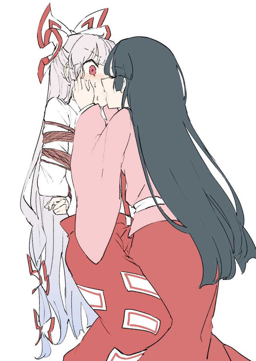 2girls black_hair bound bound_arms bound_wrists bow commentary_request deetamu fujiwara_no_mokou hair_bow hands_on_another&#039;s_cheeks hands_on_another&#039;s_face highres houraisan_kaguya kiss long_hair long_skirt long_sleeves multiple_girls ofuda ofuda_on_clothes pants pink_shirt red_eyes red_pants red_skirt rope shirt skirt suspenders sweat tied_up_(nonsexual) touhou very_long_hair white_shirt wide_sleeves yuri