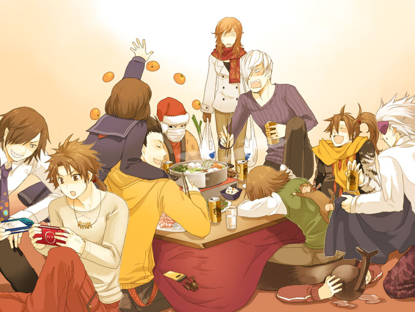 2girls 6+boys :d :o alcohol animal animal_on_back arm_up bag beer blank_eyes blue_sailor_collar blue_shirt can cellphone chopsticks chousokabe_motochika_(sengoku_basara) contemporary crying date_masamune_(sengoku_basara) flip_phone floating floating_object food fruit grin grocery_bag hair_between_eyes hair_over_one_eye handheld_game_console hat helmet holding holding_can holding_chopsticks hotpot jacket jewelry kobayakawa_hideaki_(sengoku_basara) kotatsu long_hair long_sleeves looking_at_another looking_at_object low_ponytail maeda_keiji_(sengoku_basara) mask medium_hair midori126 monkey mouri_motonari_(sengoku_basara) mouth_mask multiple_boys multiple_girls necklace necktie ootani_yoshitsugu_(sengoku_basara) open_mouth orange_(fruit) phone playstation_portable ponytail purple_necktie red_jacket saika_magoichi_(sengoku_basara) sailor_collar sanada_yukimura_(sengoku_basara) santa_hat school_uniform sengoku_basara shirt shopping_bag short_hair sitting sitting_on_person sleeping smile spring_onion surgical_mask sweatdrop table tokugawa_ieyasu_(sengoku_basara) track_jacket tsuruhime_(sengoku_basara) under_kotatsu under_table yumekichi