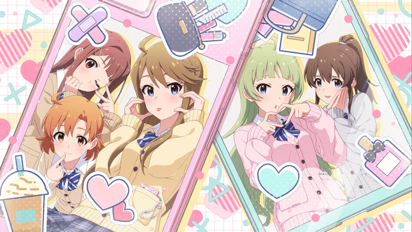 5girls blue_eyes bow bowtie brown_hair drinking_straw game_cg green_hair heart heart_hands idolmaster idolmaster_million_live! idolmaster_million_live!_theater_days multiple_girls official_art orange_eyes orange_hair ponytail red_eyes red_hair satake_minako school_uniform shimabara_elena tanaka_kotoha tokoro_megumi v yabuki_kana