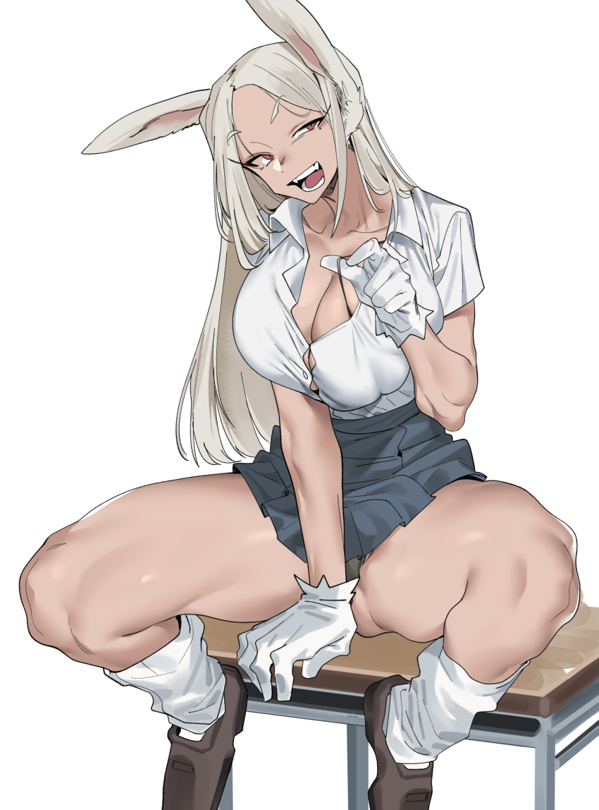 1girl animal_ears between_legs black_footwear black_panties boku_no_hero_academia breasts button_gap collarbone commentary dark-skinned_female dark_skin desk full_body gloves hand_between_legs highres large_breasts long_eyelashes long_hair looking_at_viewer loose_socks mirko muscular muscular_female on_desk open_mouth panties parted_bangs pleated_skirt pulling_own_clothes rabbit_ears rabbit_girl red_eyes revision school_desk school_uniform shirt shirt_tucked_in sitting on_desk skirt smile socks solo spread_legs strap_pull teeth thick_thighs thighs underwear urec white_gloves white_hair white_shirt