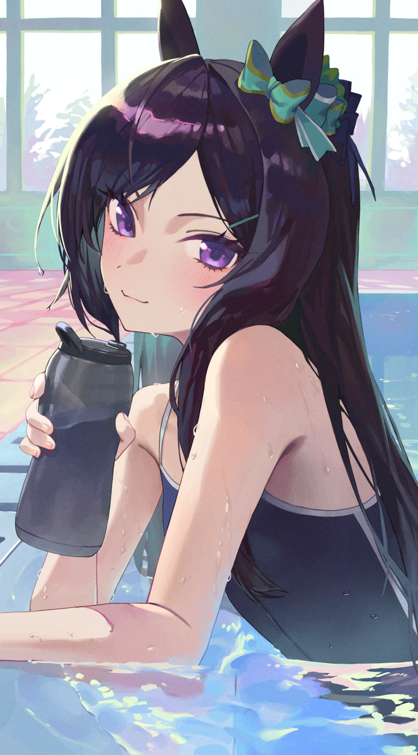 1girl absurdres animal_ears black_hair black_one-piece_swimsuit blush bottle bow c2h6o commentary_request ear_bow flat_chest green_bow hair_ornament hairclip highres holding holding_bottle horse_ears horse_girl indoors long_hair looking_at_viewer mejiro_dober_(umamusume) one-piece_swimsuit partially_submerged pool purple_eyes solo swimsuit tracen_swimsuit umamusume upper_body wet wet_hair