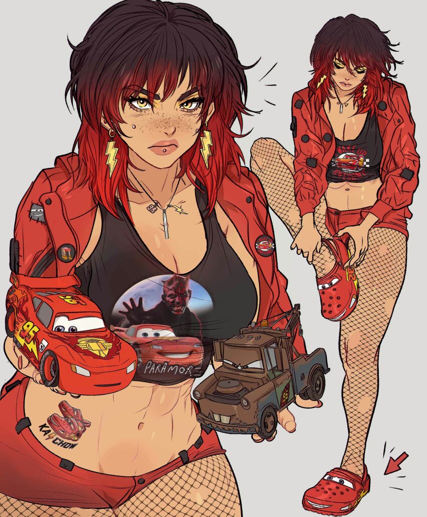 1girl abs absurdres arrow_(symbol) black_hair black_pantyhose breasts cars_(movie) cheek_piercing cleavage collarbone commentary crocs darth_maul earrings english_commentary fishnet_pantyhose fishnets freckles frown gradient_hair highres holding holding_toy jacket jewelry large_breasts lightning_bolt_earrings lightning_bolt_symbol lightning_mcqueen lip_piercing looking_at_viewer looking_down medium_hair multicolored_hair multiple_views navel necklace original pantyhose piercing red_hair red_jacket red_shorts short_shorts shorts star_wars star_wars:_the_phantom_menace tow_mater toy toy_car yellow_eyes yoracrab