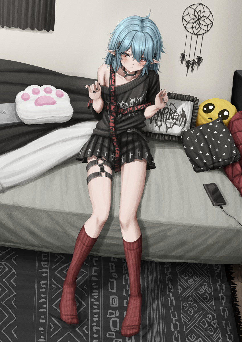 1girl absurdres bed black_skirt black_sweater blue_hair cellphone charger collar cushion elf goth_fashion highres indoors kneehighs light_blue_hair lobsteranian looking_at_viewer medium_hair miniskirt on_bed orange_eyes original paw_print phone pointy_ears red_socks ribbed_socks sitting skirt smartphone socks solo sweater