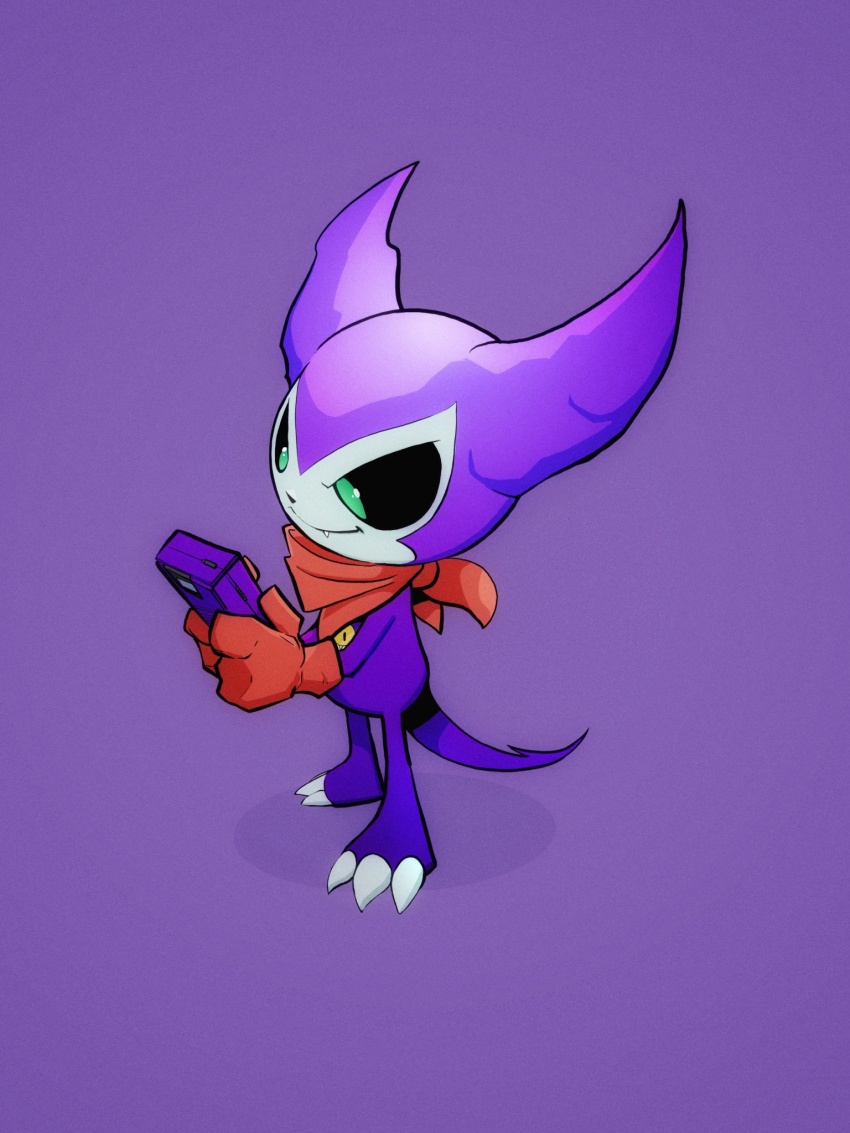 black_sclera claws colored_sclera digimon digimon_(creature) game_boy gloves green_eyes handheld_game_console highres holding holding_handheld_game_console impmon purple_background red_gloves simple_background solo standing steven_purifoy