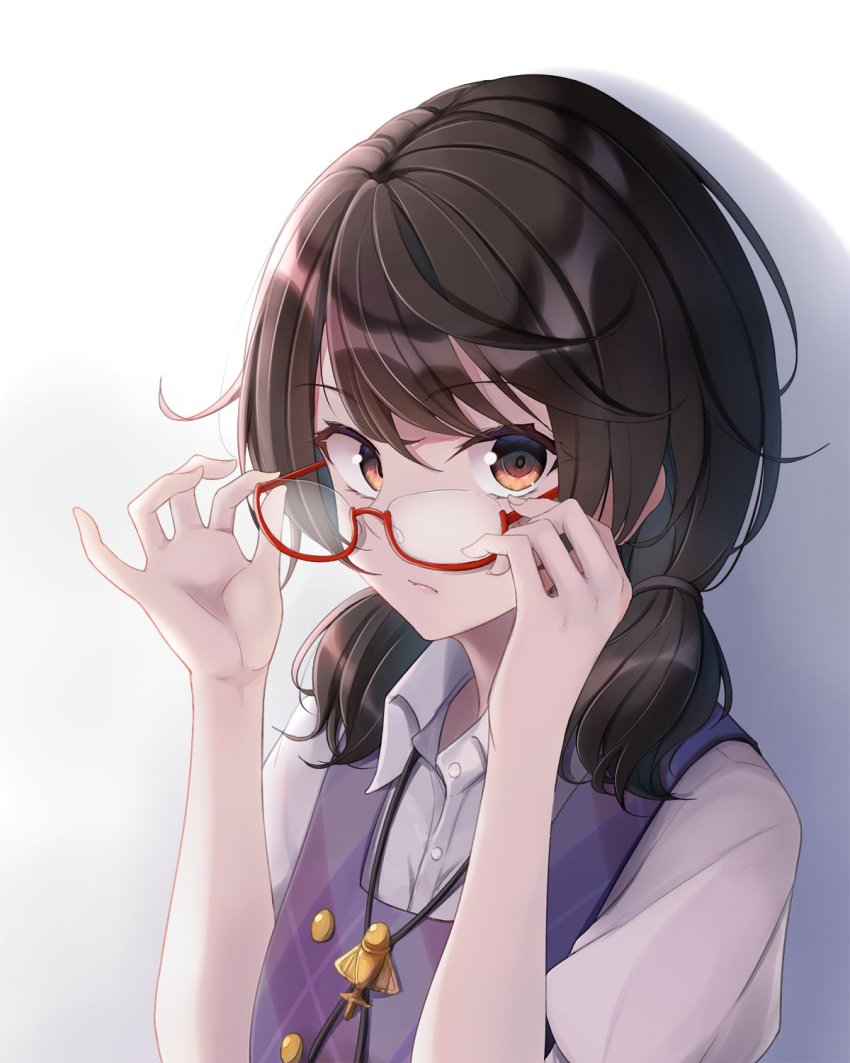 1girl :/ brown_eyes brown_hair closed_mouth collared_shirt commentary_request fumei_(mugendai) glasses highres holding_glasses lips looking_at_viewer low_twintails plaid_clothes plaid_vest purple_vest quimbaya_airplane red-framed_eyewear semi-rimless_eyewear shirt solo touhou twintails under-rim_eyewear upper_body usami_sumireko vest white_shirt wing_collar