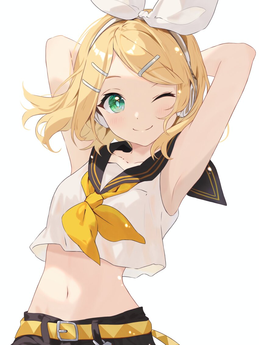 1girl ;) absurdres aqua_eyes arm_up arms_behind_head belt black_sailor_collar black_shorts blonde_hair bow commentary cropped_shirt hair_bow hair_ornament hairclip headphones highres kagamine_rin kurozumip looking_at_viewer navel neckerchief one_eye_closed sailor_collar shirt shorts smile vocaloid white_bow white_headphones white_shirt yellow_belt yellow_neckerchief