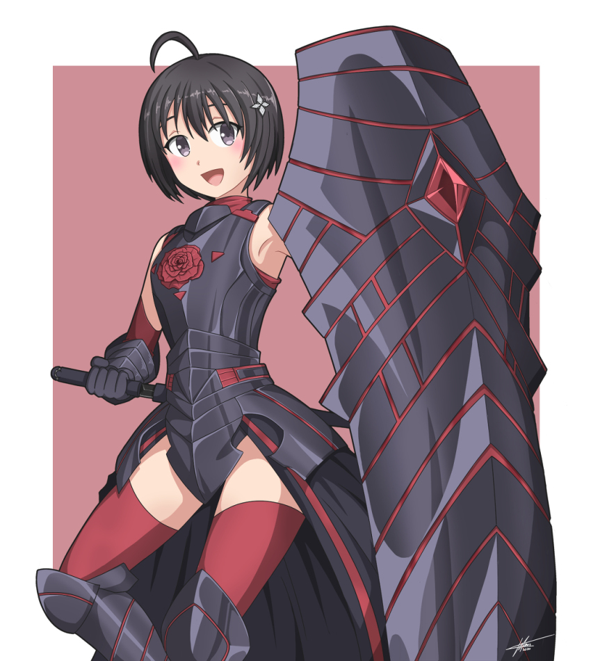 1girl armor armored_dress armpits black_eyes black_hair bob_cut boots darkstar31 flower gloves hair_ornament highres itai_no_wa_iya_nano_de_bougyoryoku_ni_kyokufuri_shitai_to_omoimasu maple_(bofuri) open_mouth red_flower red_rose rose shield short_hair simple_background smile thighhighs weapon