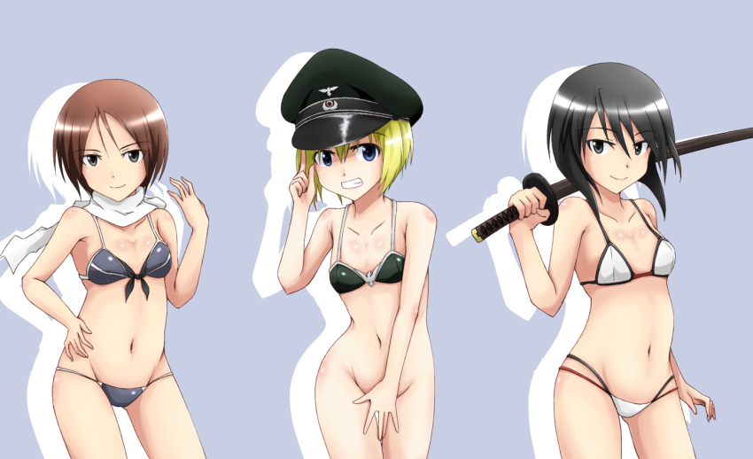 1girl 3girls bare_shoulders bikini black_eyes black_hair blue_eyes bottomless brown_hair collarbone covering_crotch covering_privates cowboy_shot erica_hartmann grey_background grin hand_on_own_hip hat isosceles_triangle_(xyzxyzxyz) kuroe_ayaka looking_at_viewer multiple_girls navel nishizawa_yoshiko over_shoulder peaked_cap scarf short_hair smile strike_witches strike_witches_zero swimsuit sword sword_over_shoulder weapon weapon_over_shoulder world_witches_series