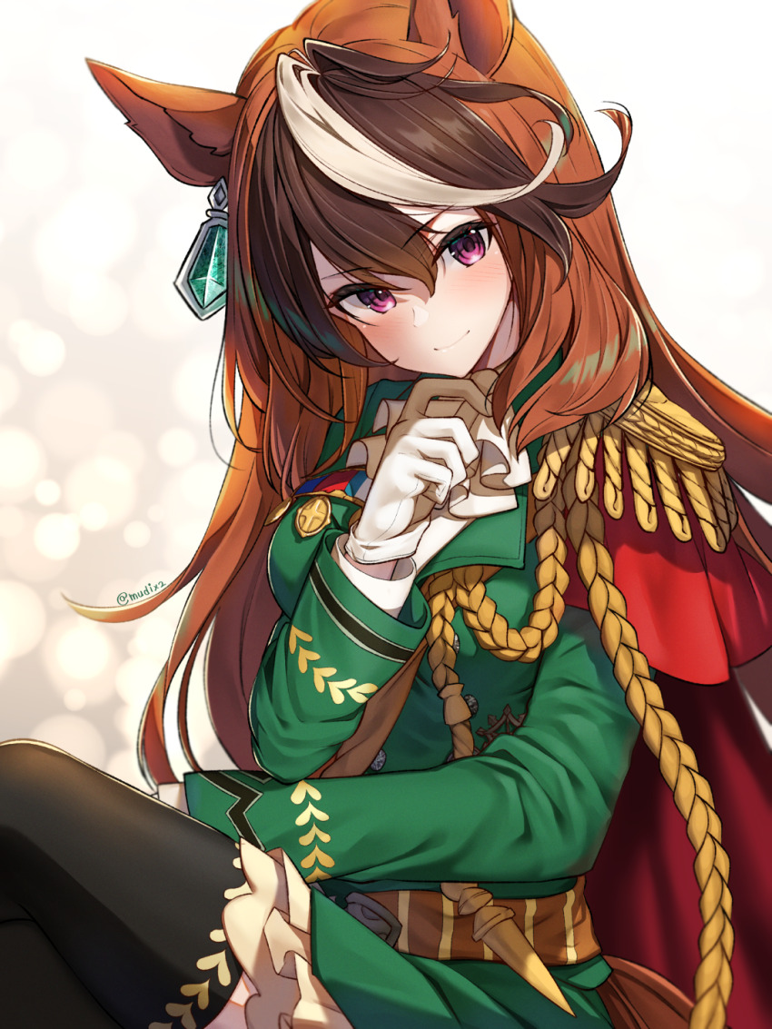 1girl aiguillette animal_ears ascot black_thighhighs blush brown_hair cape closed_mouth commentary_request crossed_legs earrings epaulettes gloves green_jacket green_skirt hair_between_eyes head_tilt highres horse_ears horse_girl horse_tail jacket jewelry long_hair long_sleeves looking_at_viewer medal military_uniform mitama_mudimudi multicolored_hair petticoat purple_eyes single_earring single_epaulette sitting skirt smile streaked_hair symboli_rudolf_(umamusume) tail thighhighs twitter_username umamusume white_ascot white_gloves white_hair