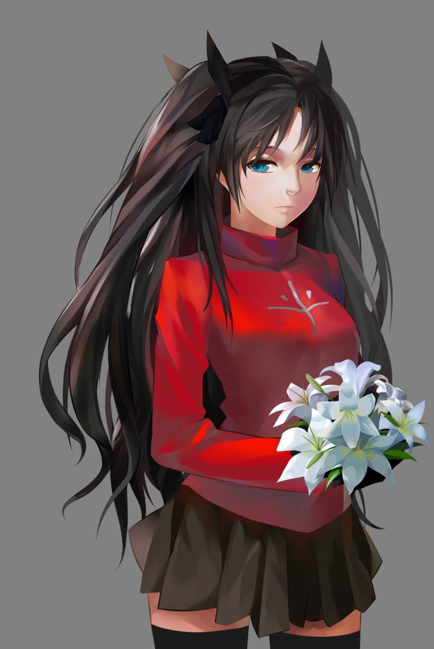 1girl bad_id bad_pixiv_id black_hair black_thighhighs blue_eyes bouquet fate/stay_night fate_(series) female_focus flower grey_background highres lightofheaven lily_(flower) long_hair simple_background solo thighhighs tohsaka_rin two_side_up