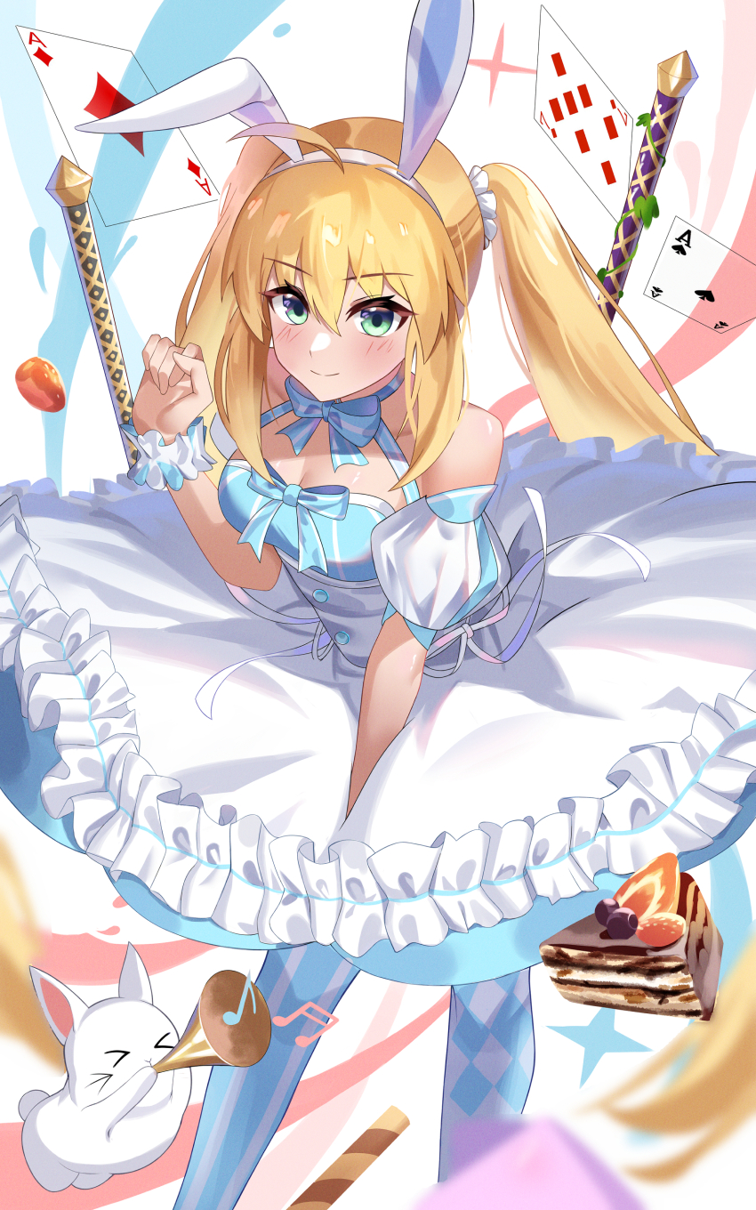 1girl absurdres ahoge artoria_caster_(fate) artoria_caster_(swimsuit)_(fate) artoria_caster_(swimsuit)_(first_ascension)_(fate) artoria_pendragon_(fate) bare_shoulders blush bracelet breasts cake closed_mouth fate/grand_order fate_(series) food green_eyes highres hotu1122 jewelry small_breasts smile sword twintails weapon