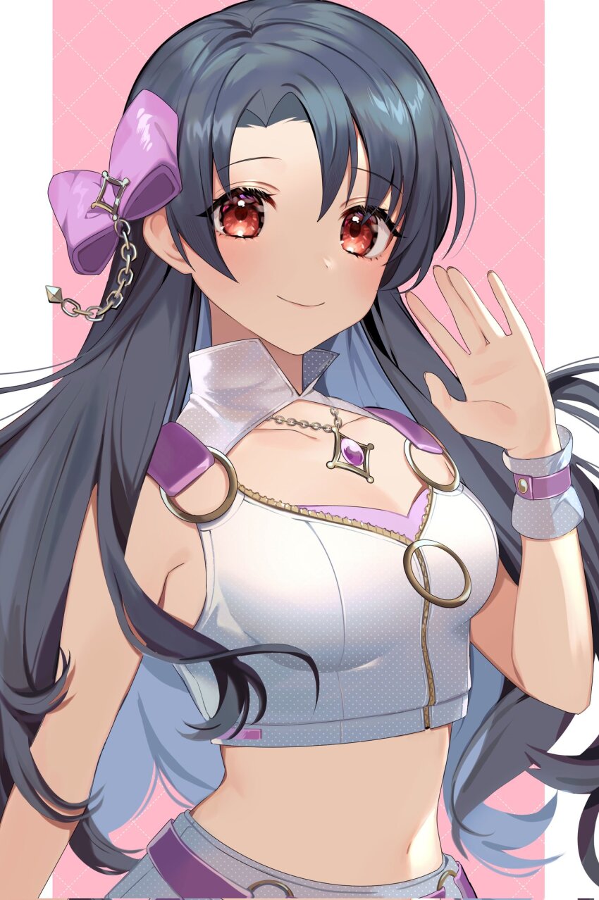 1girl black_hair bow bracelet breasts chain collar commentary_request crop_top hair_bow hand_up highres idolmaster idolmaster_million_live! idolmaster_million_live!_theater_days jewelry kamiya_ei long_hair looking_at_viewer medium_breasts midriff million_dreams_(idolmaster) navel necktie parted_bangs red_eyes smile solo takayama_sayoko upper_body