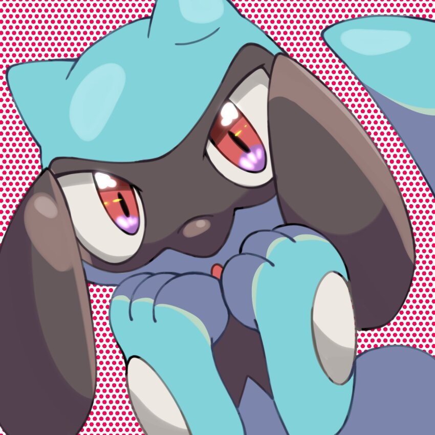 creatures_(company) game_freak gen_4_pokemon highres looking_at_viewer nintendo no_humans nose_poke000 open_mouth pokemon pokemon_(creature) polka_dot polka_dot_background riolu solo upper_body