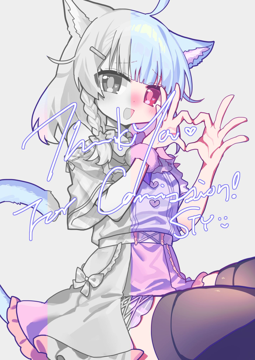 1girl :d ahoge animal_ear_fluff animal_ears black_thighhighs blue_hair blue_tail blush bow bow_skirt bowtie braid bright_pupils buttons cat_ears cat_girl cat_tail commentary_request commission cowboy_shot cross-laced_clothes cross-laced_skirt english_text frilled_skirt frills grey_background hair_bow hands_up heart heart_hands heart_in_heart_hands high-waist_skirt highres medium_hair nose_blush open_mouth original pink_skirt purple_shirt red_eyes shirt short_sleeves simple_background sitting skirt smile solo stylishtrash tail thighhighs zettai_ryouiki