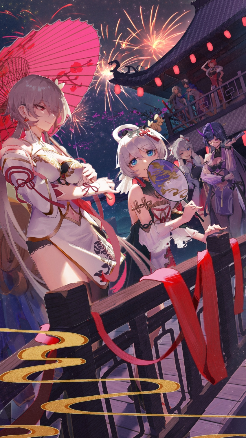 6+girls :d absurdres architecture bare_shoulders blue_eyes blue_hair branch breasts bridge bronya_zaychik bronya_zaychik_(arc_city_blues) bronya_zaychik_(haxxor_bunny) brown_hair china_dress chinese_clothes chinese_new_year cleavage closed_mouth double_bun dress east_asian_architecture ether.b fireworks flower glasses grey_eyes grey_hair hair_between_eyes hair_bun hair_flower hair_ornament hair_over_one_eye hand_fan highres holding holding_fan holding_umbrella honkai_(series) honkai_impact_3rd horns kiana_kaslana kiana_kaslana_(divine_prayer) kiana_kaslana_(frostmoon_bunny) lantern long_hair multiple_girls murata_himeko murata_himeko_(vermillion_knight) murata_himeko_(vernal_brocade) night night_sky oil-paper_umbrella one_eye_closed open_mouth outdoors purple_eyes purple_hair raiden_mei raiden_mei_(herrscher_of_thunder) red_dress red_hair rita_rossweisse rita_rossweisse_(artemis) rita_rossweisse_(maid_of_celestia) see-through_clothes see-through_sleeves seele_vollerei seele_vollerei_(mirrored_flourishes) seele_vollerei_(stygian_nymph) short_hair sky sleeveless sleeveless_dress smile standing theresa_apocalypse twintails umbrella white_dress white_flower white_hair yellow_eyes zhuge_kongming_(herald_of_spring)_(honkai_impact) zhuge_kongming_(honkai_impact)