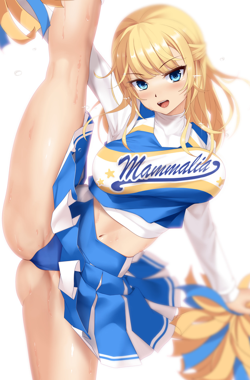 1girl blonde_hair breasts cheerleader eto highres large_breasts original pom_pom_(cheerleading) skirt solo standing standing_on_one_leg underwear white_background