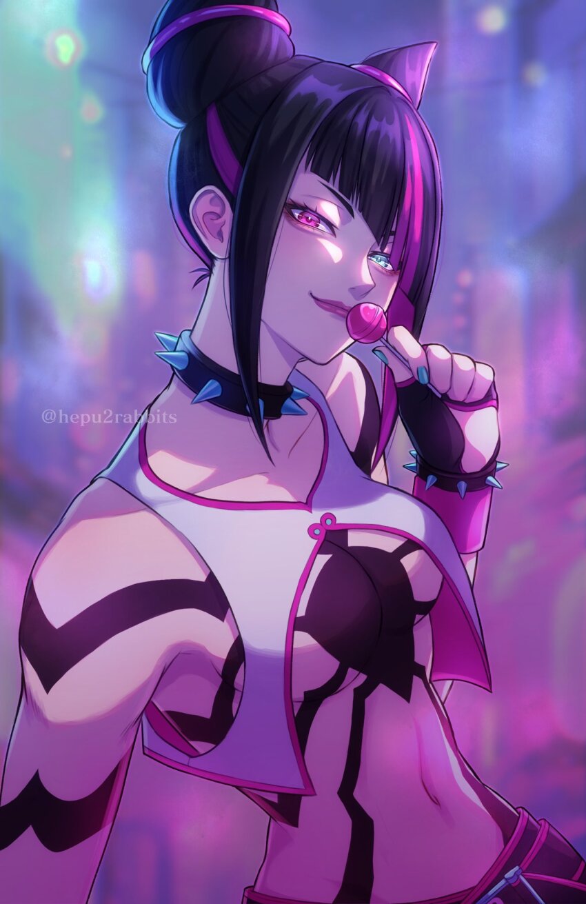 1girl artist_name black_collar black_hair blue_eyes blurry blurry_background breasts candy closed_mouth collar commentary diagonal_bangs food hair_horns han_juri hepu2rabbits_(epuusa) heterochromia highres holding holding_candy holding_food holding_lollipop large_breasts lollipop looking_at_viewer multicolored_hair navel pink_eyes pink_hair pink_lips sidelocks smile solo spider_tattoo spiked_collar spikes streaked_hair street_fighter street_fighter_6 tattoo twitter_username two-tone_hair