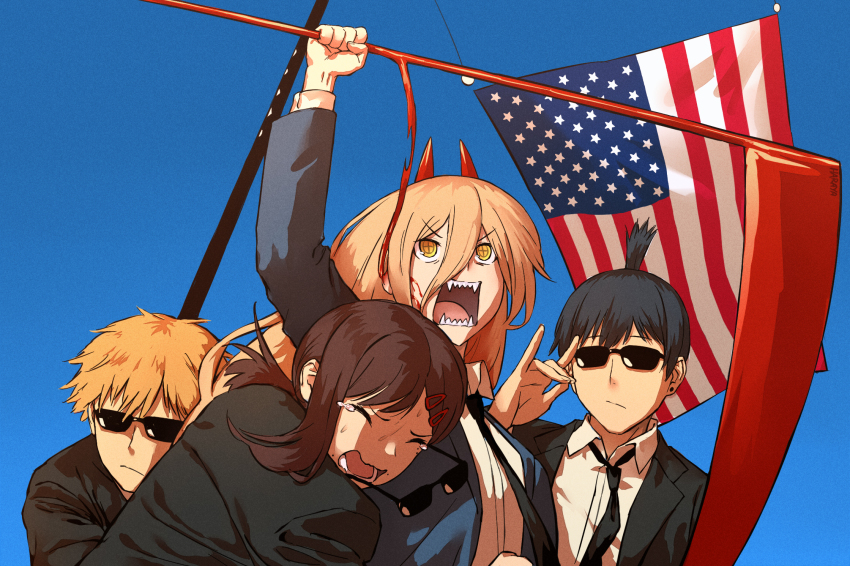 2024_attempted_assassination_of_donald_trump 2boys 2girls american_flag black_necktie black_suit blonde_hair blood blue_jacket chainsaw_man closed_eyes collarbone cross-shaped_pupils day demon_girl demon_horns denji_(chainsaw_man) earrings formal_clothes hair_ornament hairclip haraya_manawari hayakawa_aki hemokinesis higashiyama_kobeni highres horns jacket jewelry long_hair meme multiple_boys multiple_girls necktie open_mouth orange_hair outdoors photo-referenced power_(chainsaw_man) red_horns sharp_teeth shirt sky stud_earrings suit suit_jacket sunglasses symbol-shaped_pupils tearing_up teeth topknot white_shirt yellow_eyes