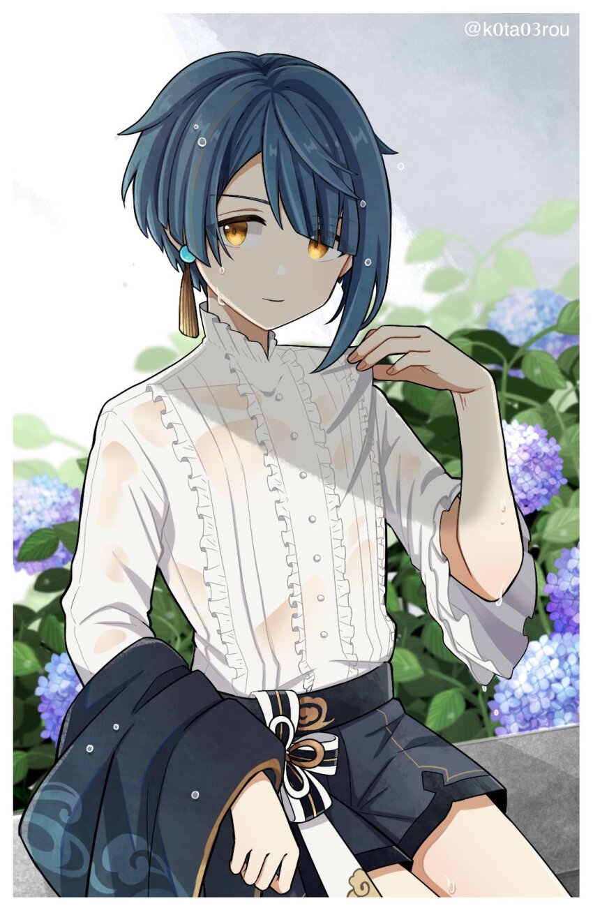 1boy artist_name asymmetrical_hair black_shorts blue_flower blue_hair blue_jacket blunt_bangs blurry blurry_background border buttons center_frills closed_mouth commentary_request earrings flower frilled_shirt frilled_shirt_collar frills genshin_impact hand_up highres holding holding_unworn_clothes holding_jacket holding_unworn_clothes hydrangea jacket jewelry kotarou light_smile looking_at_viewer male_focus parted_bangs plant purple_flower shirt short_hair short_shorts short_sleeves shorts sidelocks single_earring sitting smile solo tassel tassel_earrings twitter_username unworn_jacket water_drop wet wet_clothes wet_hair white_border white_shirt wide_sleeves xingqiu_(genshin_impact) yellow_eyes