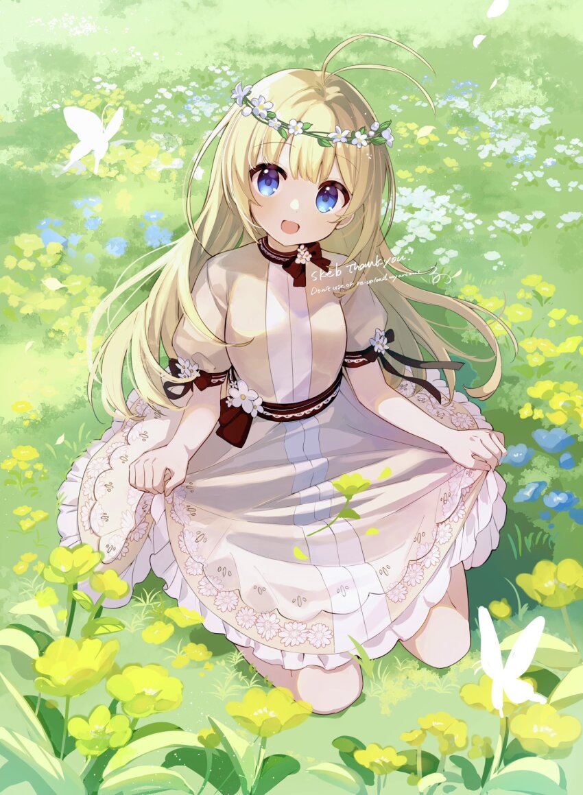 1girl antenna_hair blonde_hair blue_eyes bug butterfly commission copyright_request dress field flower flower_field head_wreath highres insect long_hair looking_at_viewer puffy_sleeves rono_(iwant_ab) sitting skeb_commission smile solo wariza white_butterfly