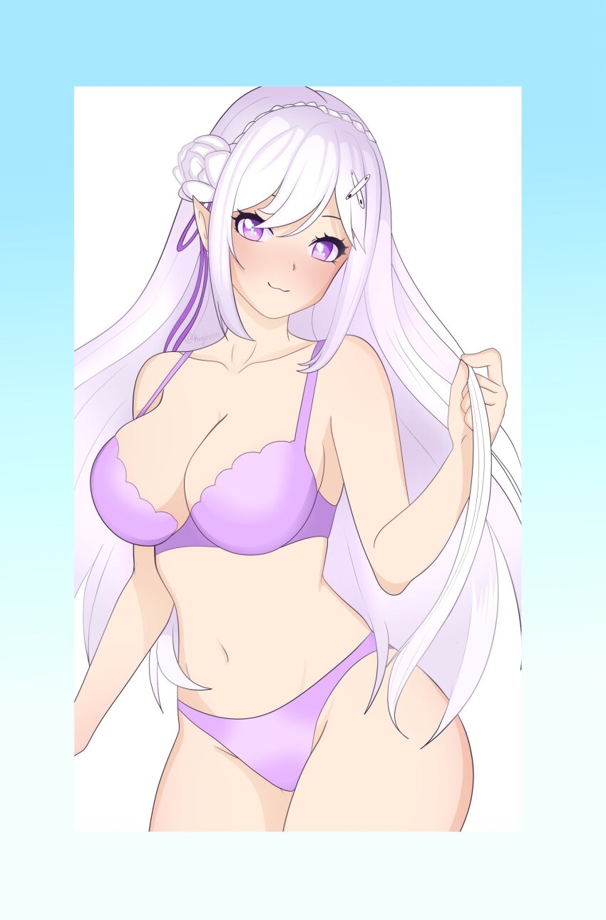 1girl ass big_breasts bra emilia_(re:zero) female hair_ornament highres huge_ass krejzart lingerie lingerie_bra lingerie_only lingerie_panties panties purple_bra purple_eyes purple_panties purple_underwear re:zero_kara_hajimeru_isekai_seikatsu silver_hair thick_thighs thighs underwear white_hair