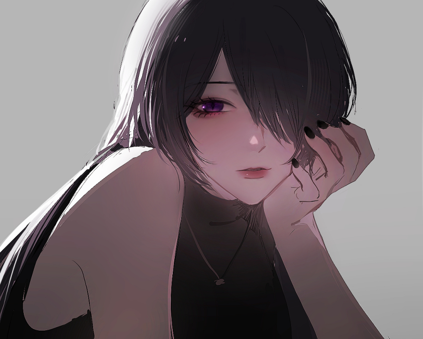 1girl 9_(hcl9fg) acheron_(honkai:_star_rail) alternate_costume bare_shoulders black_nails black_shirt commentary grey_background hair_over_one_eye head_rest honkai:_star_rail honkai_(series) jewelry looking_at_viewer nail_polish necklace parted_lips portrait purple_eyes purple_hair shirt solo