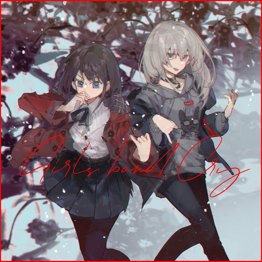 2girls air_guitar black_choker black_jacket black_pants black_pantyhose black_skirt blue_eyes border brown_hair chinese_commentary choker coat commentary_request copyright_name cursive girls_band_cry grey_eyes grey_hair grey_hoodie highres hood hoodie iseri_nina jacket kawaragi_momoka long_hair looking_at_viewer multiple_girls open_clothes open_jacket open_mouth outdoors pants pantyhose pinky_out pleated_skirt red_border red_coat shenhai_shenye shirt short_twintails skirt smile snow snowing twintails white_shirt