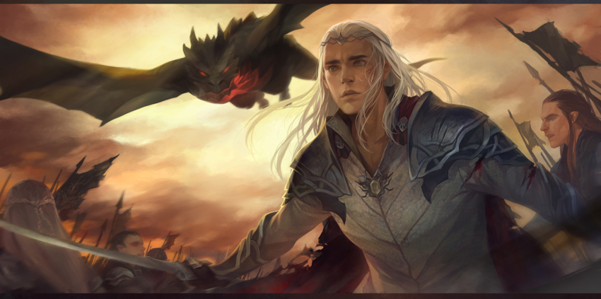 6+boys armor bad_id bad_pixiv_id banner blonde_hair circlet dragon elf tolkien&#039;s_legendarium male_focus manly middle_earth multiple_boys onisakiyoruka pointy_ears realistic smaug solo_focus sword the_hobbit the_lord_of_the_rings thranduil weapon