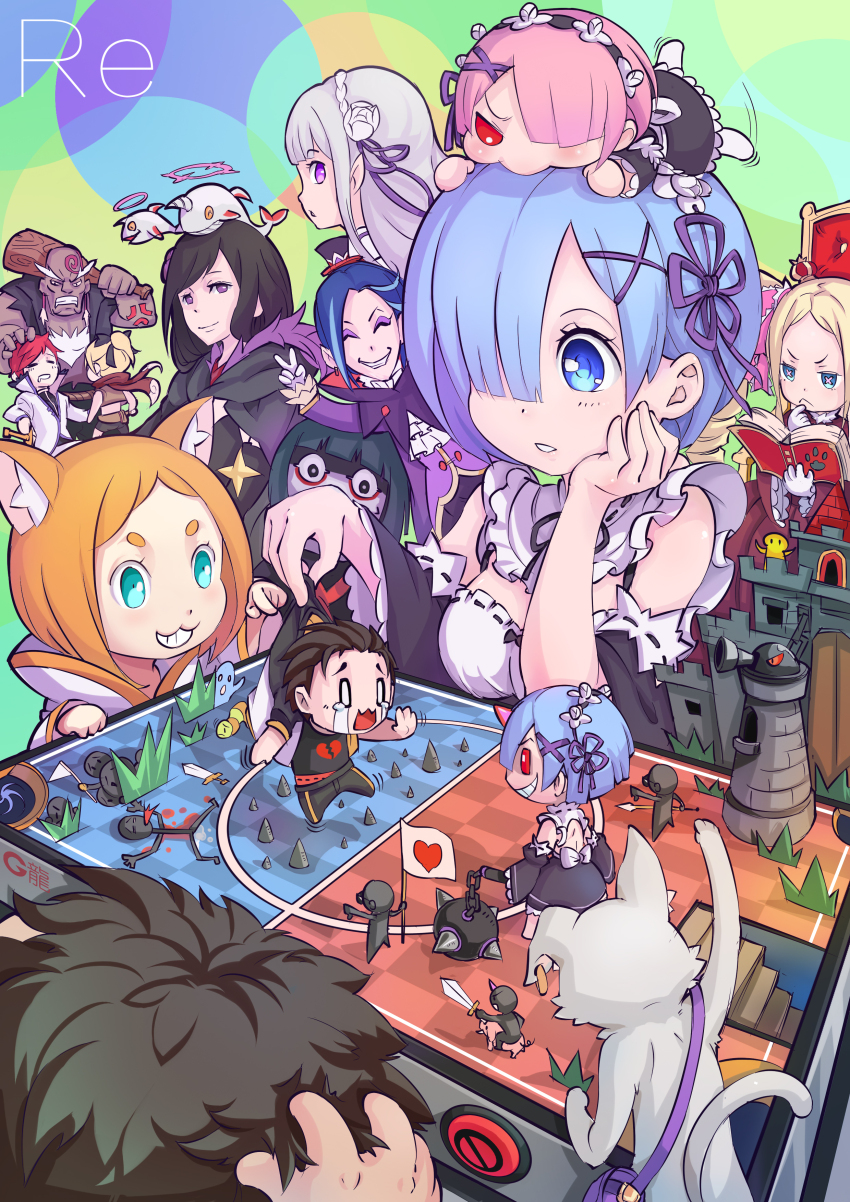 1738706916 absurdres angry animal_ears asymmetrical_clothes bald ball_and_chain_(weapon) bare_shoulders beatrice_(re:zero) black_bow black_cloak black_hair blonde_hair blue_eyes blue_hair blush board_game bow bowl_cut braid breasts butterfly-shaped_pupils cannon capelet castle cat cat_ears cat_tail character_doll chibi cloak club_(weapon) colored_skin crown crown_braid detached_sleeves dress drill_hair elf elsa_granhilte emilia_(re:zero) felt_(re:zero) flag flower frills full_body fur-trimmed_capelet fur_trim gloves green_eyes green_hair green_skin grey_cat grey_hair hair_bow hair_flower hair_ornament hair_over_one_eye hair_ribbon hair_slicked_back hakugei_(re:zero) hat heart high_collar highres horns jacket long_hair long_sleeves maid maid_headdress medium_breasts mimi_pearlbaton mini_crown mini_person multicolored_cloak multiple_boys multiple_girls natsuki_subaru open_mouth orange_hair petelgeuse_romaneeconti pink_eyes pink_hair pink_pupils pink_ribbon pointy_ears puck_(re:zero) purple_eyes purple_flower purple_ribbon purple_rose ram_(re:zero) re:zero_kara_hajimeru_isekai_seikatsu red_eyes red_hair red_scarf reinhard_van_astrea rem_(re:zero) ribbon ribbon-trimmed_clothes ribbon_trim rom_(re:zero) rose roswaal_l._mathers roswaal_mansion_maid_uniform scarf shirt short_hair siblings sidelocks single_horn single_pantsleg sisters smile spiked_ball_and_chain stairs symbol-shaped_pupils table tail towel track_jacket track_suit twin_drills twins weapon whale white_flower white_hair white_rose white_whale x_hair_ornament