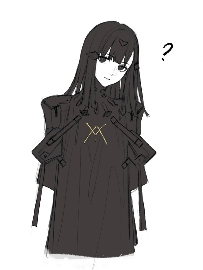 1girl ? arms_behind_back black_eyes black_hair blunt_ends chinese_commentary choppy_bangs closed_mouth commentary_request cropped_torso expressionless flat_color girls&#039;_frontline head_tilt highres looking_at_viewer medium_hair mik_blamike nyto_(girls&#039;_frontline) simple_background sketch solo white_background