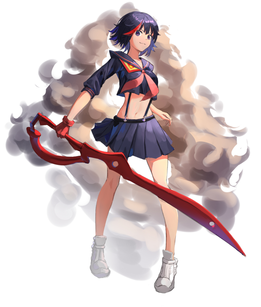 1girl asymmetrical_gloves bare_legs black_eyes black_hair black_sailor_collar black_serafuku black_shirt black_skirt blouse collared_shirt full_body gloves highres holding holding_sword holding_weapon inkrua kill_la_kill matoi_ryuuko midriff miniskirt multicolored_hair navel neckerchief pleated_skirt purple_hair red_gloves red_neckerchief sailor_collar sailor_shirt school_uniform scissor_blade_(kill_la_kill) senketsu serafuku shirt short_hair single_glove skirt smile solo standing stomach suspender_skirt suspenders sword weapon white_background white_footwear