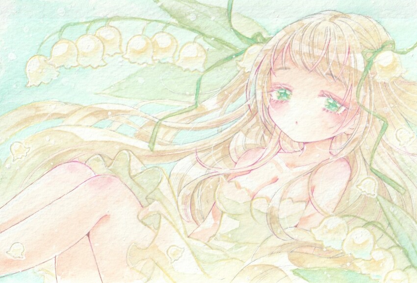 1girl amu_(m_aa) aqua_background blonde_hair breasts cleavage collarbone commentary_request dress eyelashes flower green_dress green_eyes green_ribbon hair_flower hair_ornament hair_ribbon highres lily_of_the_valley long_hair original painting_(medium) parted_lips ribbon short_dress sitting small_breasts solo strapless strapless_dress traditional_media very_long_hair watercolor_(medium) white_flower