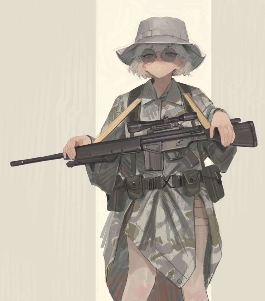 1girl absurdres battle_rifle bipod blonde_hair boonie_hat coat commentary english_commentary feet_out_of_frame glasses gun gun_sling h&amp;k_g3 highres looking_at_viewer military_uniform original polilla rifle scope shorts solo thighhighs tinted_eyewear weapon