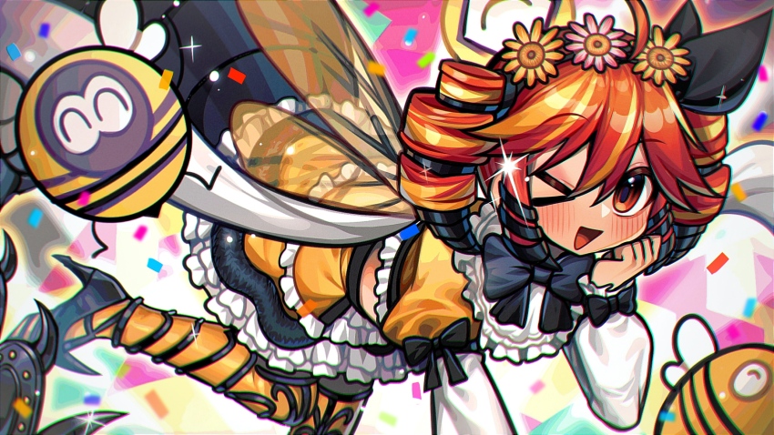 1girl alternate_costume alternate_hair_color aqua_background bee black_bow black_footwear black_pantyhose blonde_hair blush bow bug confetti cropped_shirt drill_hair flower frilled_shirt frilled_skirt frills hair_bow hair_flower hair_ornament headband high_heels highres insect kakosa_sama kasane_teto kasane_teto_(sv) layered_skirt looking_at_viewer multicolored_hair one_eye_closed pantyhose pink_background red_eyes red_hair shirt skirt synthesizer_v tongue triangle_mouth twin_drills two-tone_hair utau white_background white_sleeves wings yellow_background yellow_shirt yellow_skirt yellow_theme