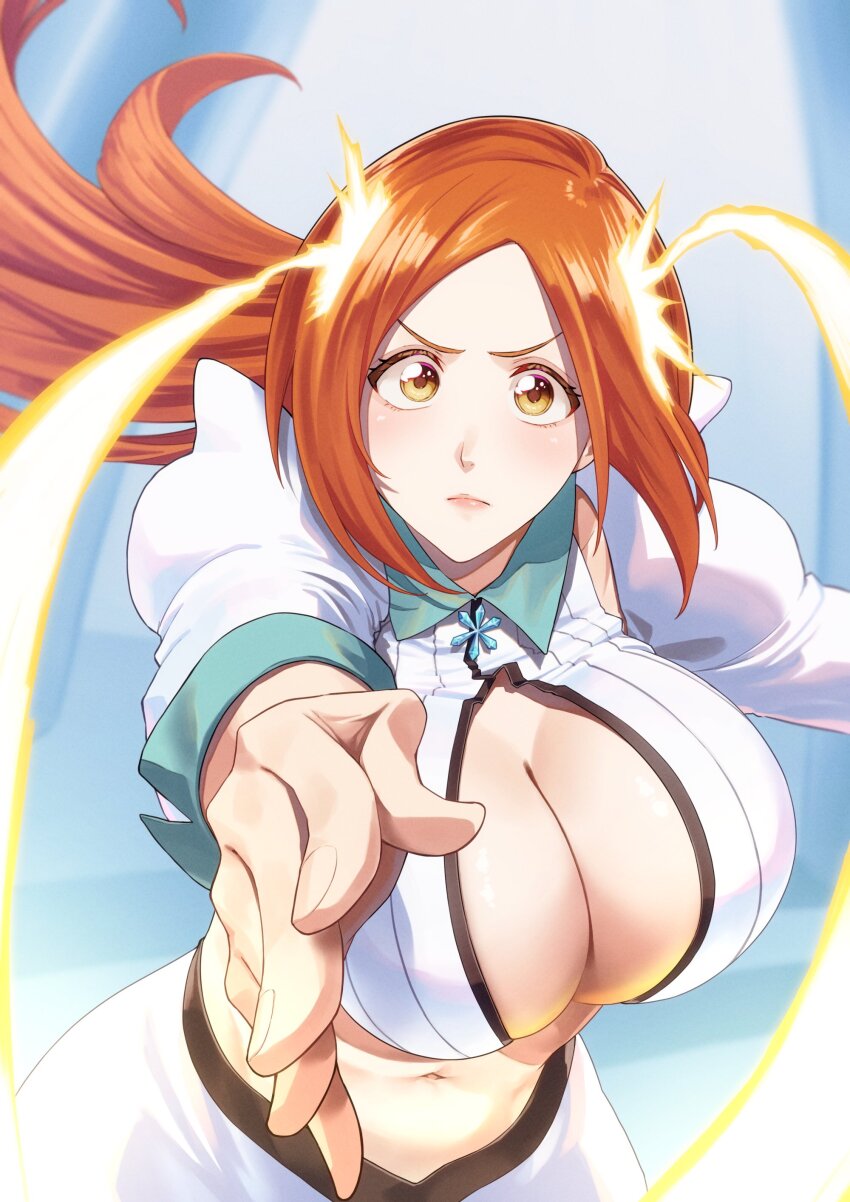 1girl 46take_e absurdres bleach bleach:_sennen_kessen-hen blush breasts brown_eyes casting_spell cleavage cleavage_cutout clothing_cutout collar forehead highres huge_breasts inoue_orihime lips long_hair midriff navel orange_hair pointing reaching reaching_towards_viewer