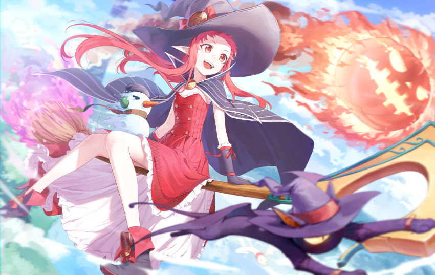 1girl absurdres ankle_boots blue_cape blue_gloves boots bow broom broom_riding cape commentary_request dress dungeon_and_fighter female_mage_(dungeon_and_fighter) fire gloves hat hat_bow highres jack-o&#039;-lantern long_hair looking_to_the_side open_mouth pointy_ears purple_hat red_dress red_eyes red_hair snowman soeyumi solo teeth upper_teeth_only vertical-striped_cape witch witch_(dungeon_and_fighter) witch_hat