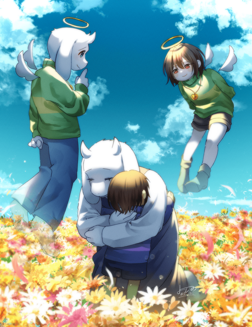 1boy 1girl 2others absurdres angel_wings asriel_dreemurr blue_eyes blue_pants blue_sweater brown_eyes chara_(undertale) cloud cloudy_sky field finger_to_mouth flower flower_field frisk_(undertale) goat_boy goat_girl green_sweater halo highres hug multiple_others pants purple_vest shushing sky smile sweater toriel undertale vest white_sleeves wings yoshino_(q_sci)