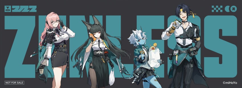 1boy 3girls animal_ears armor asaba_harumasa black_hair black_skirt dress_shirt eating fox_ears fox_girl green_jacket high-waist_skirt highres horns hoshimi_miyabi jacket long_hair looking_at_viewer multiple_girls official_art one_eye_closed oni open_mouth pencil_skirt red_eyes ring_hair_ornament second-party_source shirt short_hair shoulder_armor skirt smile soukaku_(zenless_zone_zero) standing tsukishiro_yanagi white_hair white_shirt zenless_zone_zero