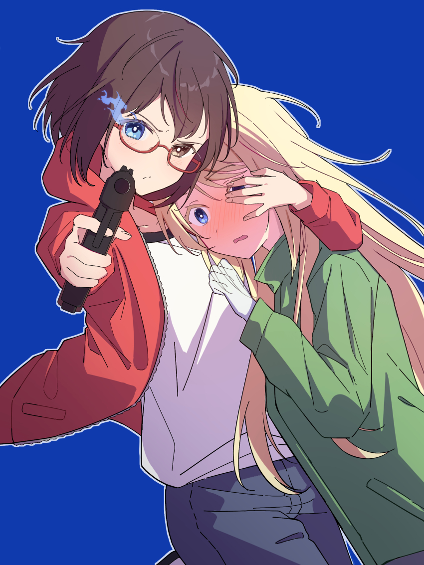 2girls absurdres black_hair blonde_hair blue_background blush coat eydhtn73bguru8r glasses green_coat gun heterochromia highres holding holding_gun holding_weapon hood hoodie hug kamikoshi_sorawo long_hair multiple_girls nishina_toriko red_hoodie short_hair transparent_hand urasekai_picnic wavy_mouth weapon