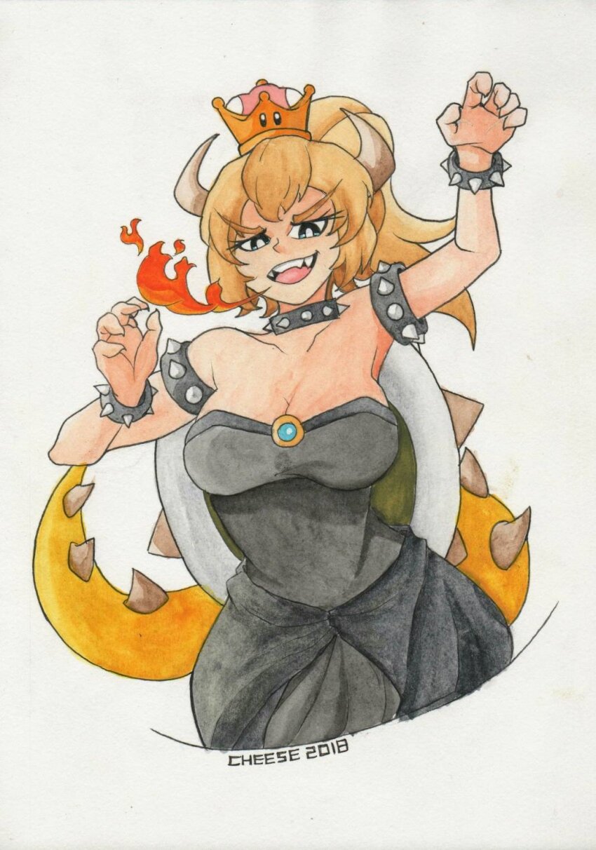 1girl black_dress blonde_hair blue_eyes bowsette breasts breath_weapon breathing_fire cheesemonger18 dress fangs fire highres horns large_breasts lizard_tail looking_at_viewer mario_(series) new_super_mario_bros._u_deluxe nintendo sharp_teeth simple_background solo super_crown tail teeth traditional_media watermark white_background white_horns