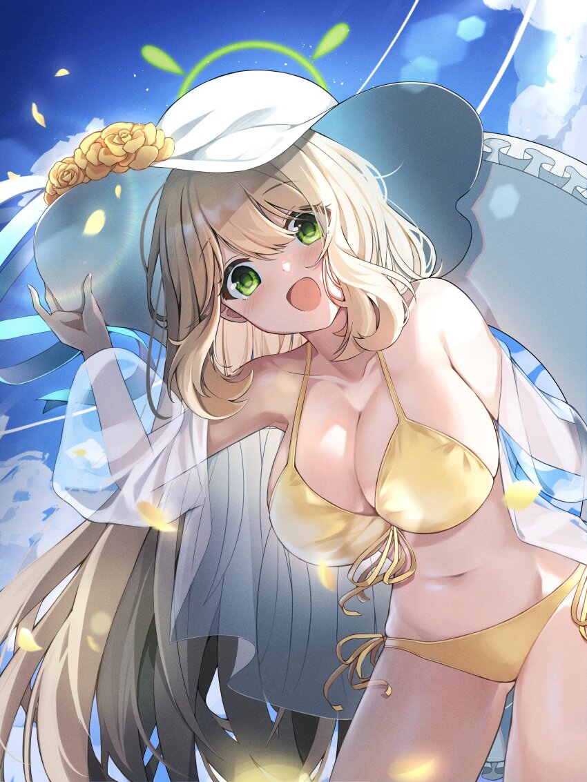 1girl :d absurdres adjusting_clothes adjusting_headwear bikini blonde_hair blue_archive breasts cleavage collarbone dot_nose flower_hat front-tie_bikini_top front-tie_top green_eyes green_halo groin halo hat highres juliahsl large_breasts light_blush long_hair looking_at_viewer navel nonomi_(blue_archive) nonomi_(swimsuit)_(blue_archive) official_alternate_costume open_mouth see-through_clothes see-through_shirt shirt side-tie_bikini_bottom smile solo sun_hat swim_ring swimsuit yellow_bikini