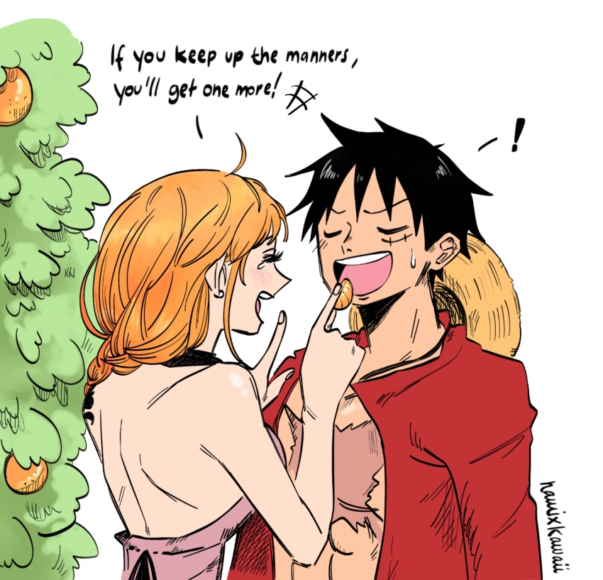 ! 1boy 1girl back backless_shirt bare_arms bare_shoulders black_hair braid breasts closed_eyes earrings english_text facial_scar facing_another feeding food fruit hair_over_shoulder hat highres holding holding_food holding_fruit jewelry large_breasts light_blush long_hair mandarin_orange monkey_d._luffy nami_(one_piece) namixkawaii one_piece open_clothes open_mouth open_shirt orange_(fruit) orange_hair orange_slice orange_tree pearl_earrings pink_shirt red_shirt scar scar_on_cheek scar_on_chest scar_on_face shirt short_hair shoulder_tattoo single_braid single_tear straw_hat stud_earrings sweatdrop tattoo teeth tree unworn_hat unworn_headwear upper_body upper_teeth_only