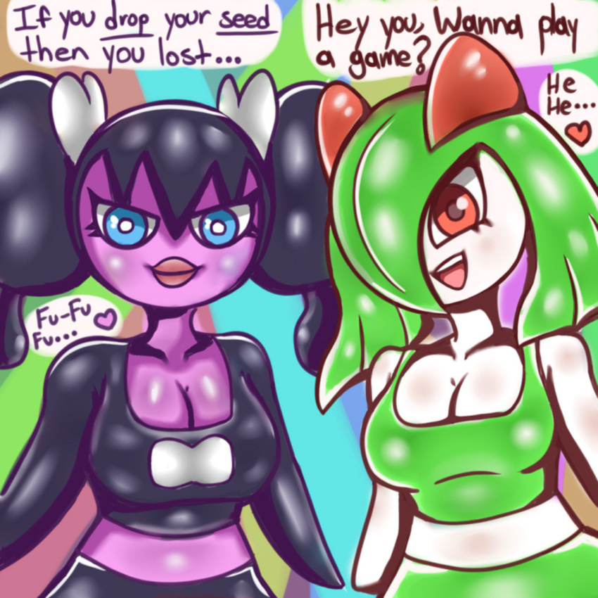 2girls black_hair breasts cleavage closed_mouth colored_skin creatures_(company) english_text game_freak gen_3_pokemon gen_5_pokemon gothorita green_hair kirlia monster_girl multiple_girls nintendo open_mouth pokemon pokemon_(creature) purple_skin smile white_skin yelaki