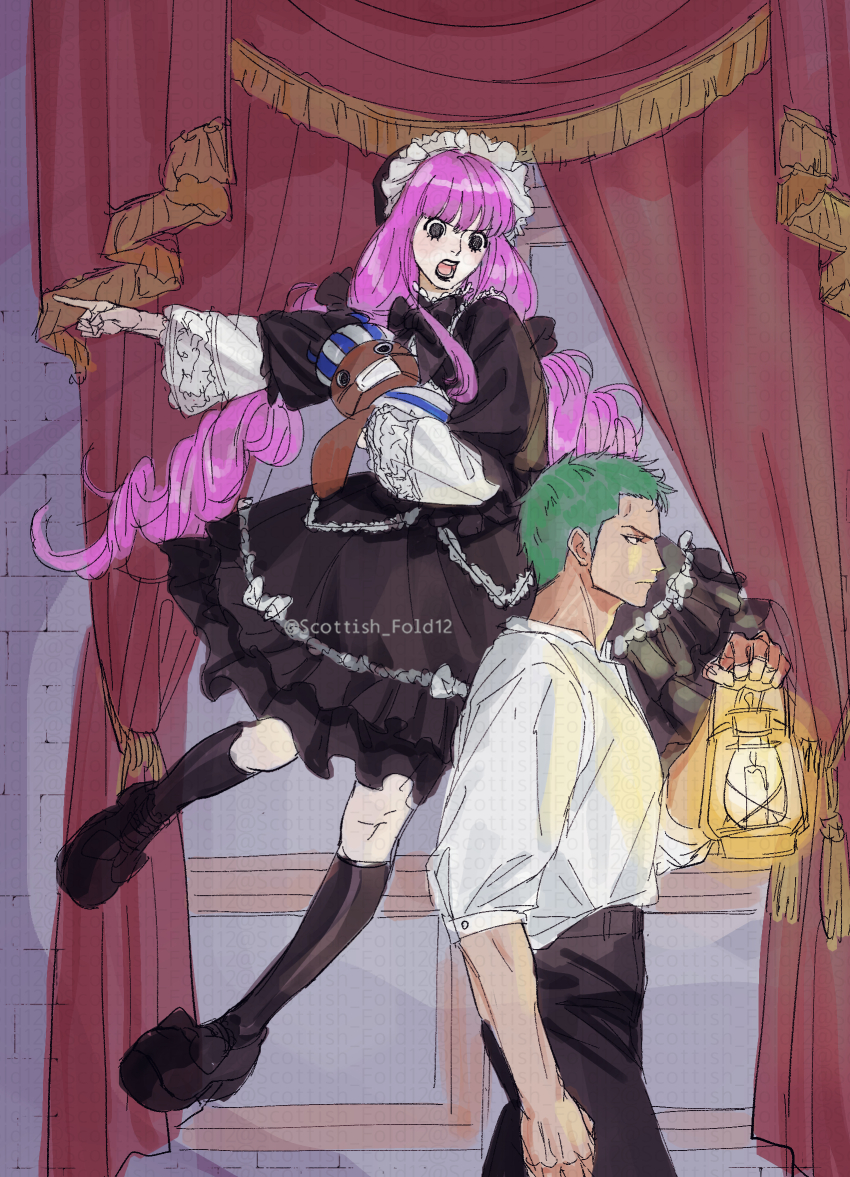 1boy 1girl black_dress black_socks blunt_bangs commentary_request curtains dress green_hair highres holding korean_commentary kumacy long_hair long_sleeves maid_headdress one_piece pink_hair profile scottish_fold12 shirt short_hair socks twitter_username very_long_hair white_shirt