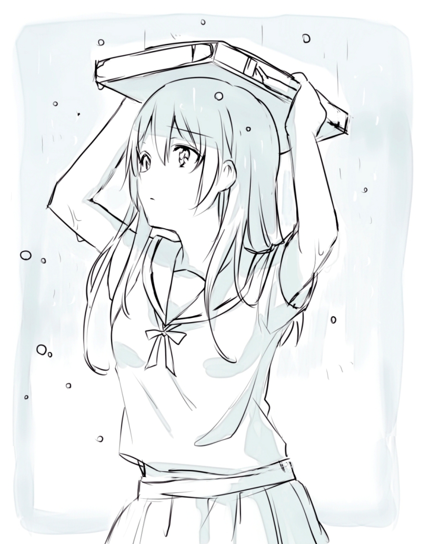 1girl arms_up bag briefcase female_focus highres improvised_umbrella long_hair monochrome object_on_head original rain school_bag school_briefcase school_uniform serafuku solo takeuchi_aya