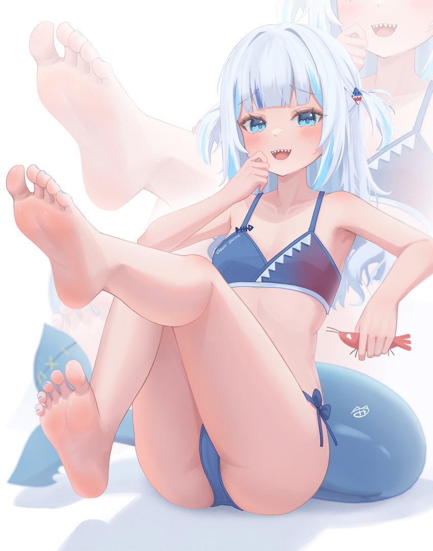 1girl absurdres bare_arms bare_legs barefoot bikini blue_eyes blue_hair blue_nails breasts ebi-chan_(gawr_gura) feet fins fish_tail flat_chest fpvjoe full_body gawr_gura highres holding hololive hololive_english looking_at_viewer multicolored_hair nail_polish open_mouth shark_tail sharp_teeth simple_background smile soles solo stomach streaked_hair swimsuit tail teeth thighs toes unfinished virtual_youtuber white_background