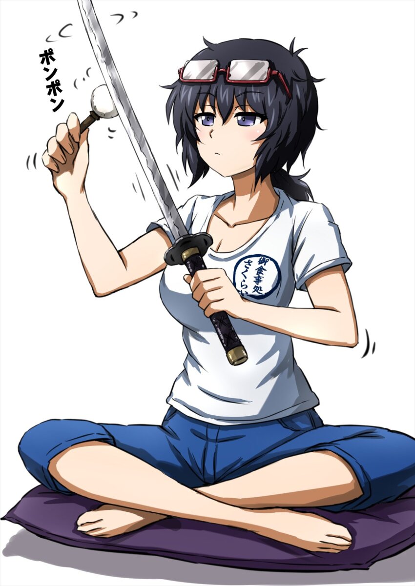 1girl aged_up barefoot black_eyes black_hair blue_pants capri_pants casual closed_mouth commentary cushion eyewear_on_head girls_und_panzer glasses half-closed_eyes highres holding holding_sword holding_weapon katana light_frown medium_hair messy_hair motion_lines omachi_(slabco) on_pillow oryou_(girls_und_panzer) pants polishing red-framed_eyewear semi-rimless_eyewear shirt short_ponytail short_sleeves simple_background sitting solo sword t-shirt translated under-rim_eyewear weapon white_background white_shirt zabuton