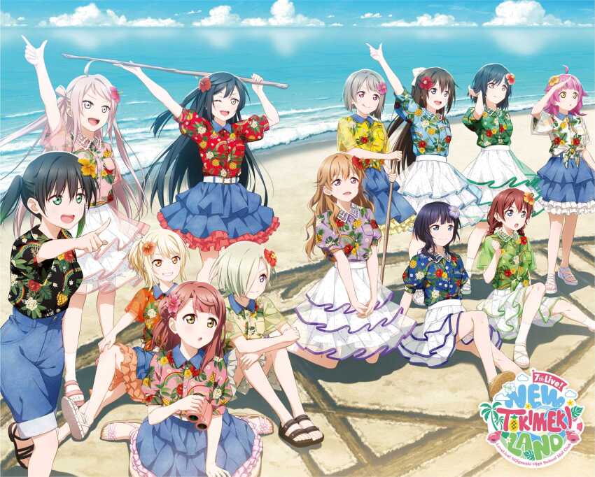 6+girls ahoge arm_up artist_request asaka_karin beach black_hair blonde_hair braid brown_hair cloud denim emma_verde flower hair_bun hair_flower hair_ornament hair_over_one_eye hawaiian_shirt highres kneeling konoe_kanata long_hair looking_afar love_live! love_live!_nijigasaki_high_school_idol_club medium_hair mia_taylor mifune_shioriko miyashita_ai multiple_girls nakasu_kasumi nijigasaki_7th_live!_new_tokimeki_land ocean official_art orange_hair osaka_shizuku pink_hair pointing ponytail shirt short_hair single_side_bun sitting skirt smile stick takasaki_yu tennoji_rina tongue tongue_out twin_braids twintails uehara_ayumu water yuki_setsuna zhong_lanzhu