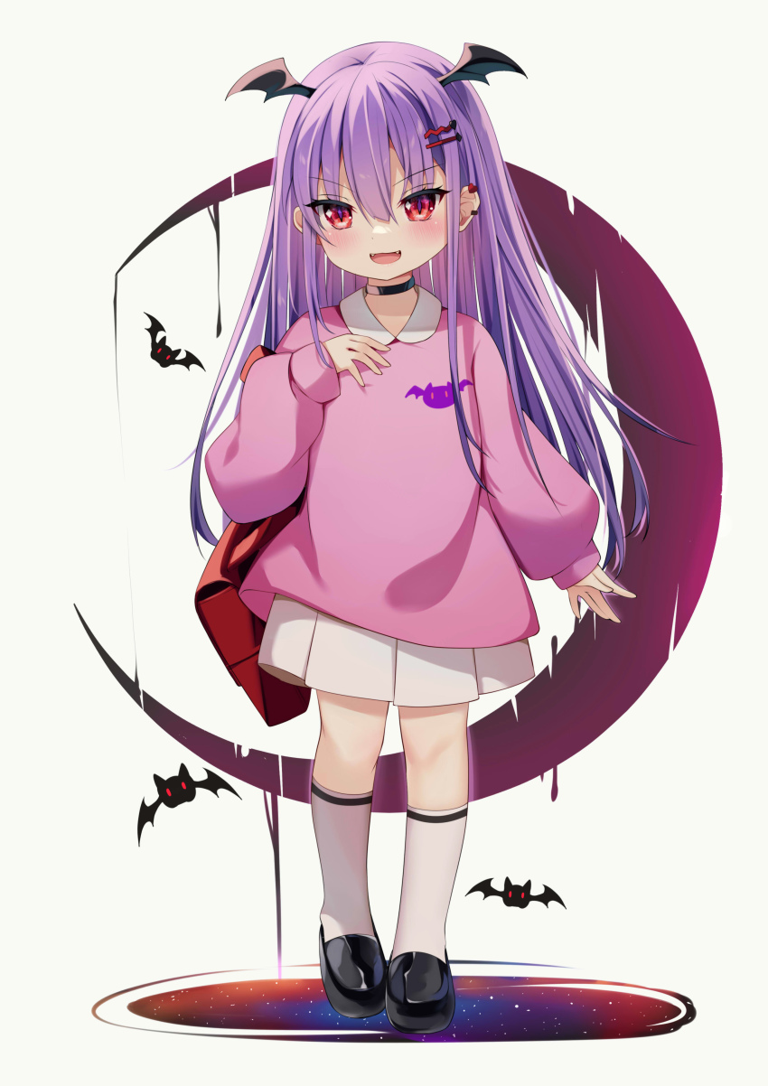 1girl absurdres aged_down bat_(animal) black_footwear hair_behind_ear head_wings highres ikazu401 indie_virtual_youtuber long_hair mythia_batford pink_sweater purple_hair red_eyes skirt solo sweater v-shaped_eyebrows very_long_hair virtual_youtuber white_background white_skirt wings