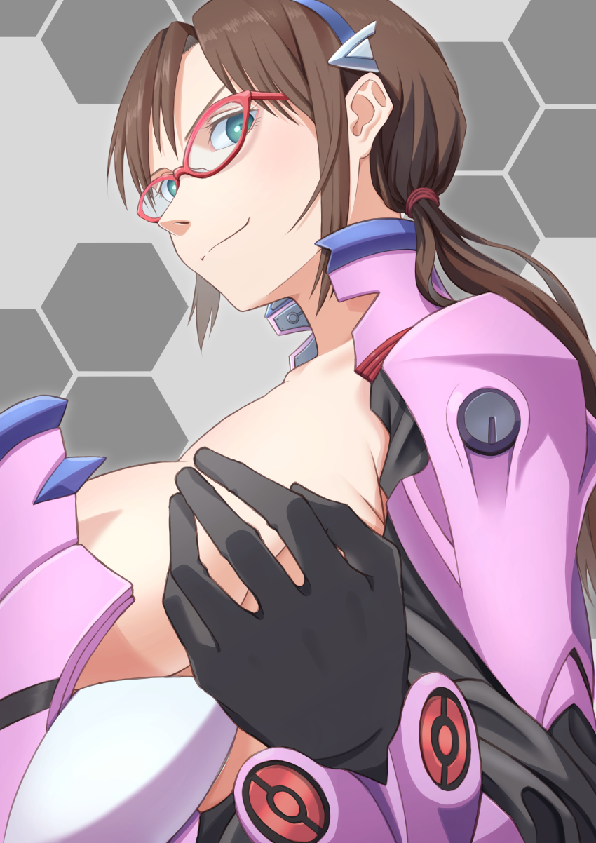 1girl absurdres black_gloves bodysuit breasts brown_hair gloves green_eyes grey_background hair_tie highres honeycomb_(pattern) honeycomb_background interface_headset ka_ki_o large_breasts long_hair looking_at_viewer low_twintails makinami_mari_illustrious mecha_pilot_suit neon_genesis_evangelion plugsuit purple_bodysuit rebuild_of_evangelion red-framed_eyewear sideboob sidelocks solo twintails